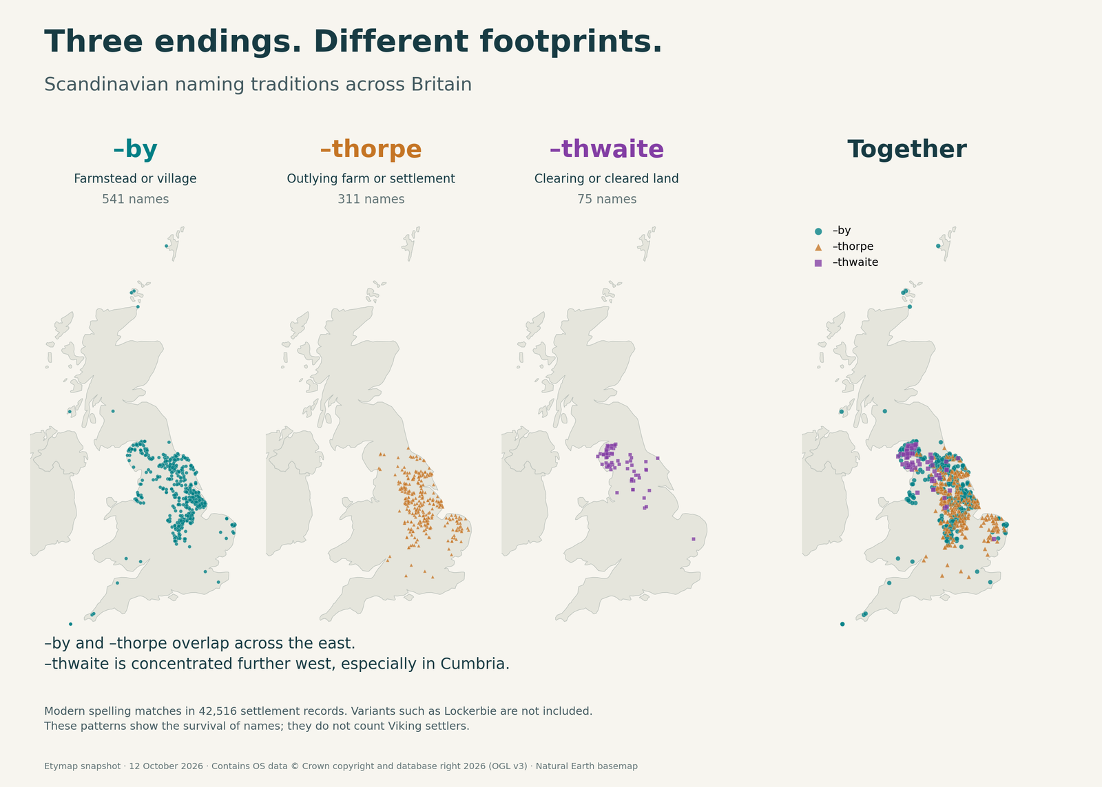 Distribution of -by and -thwaite place-name matches across Britain